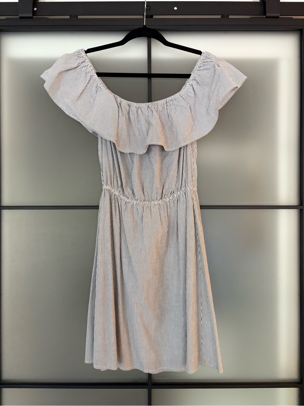 Ella Moss Gray and White Striped Off The Shoulder Dress